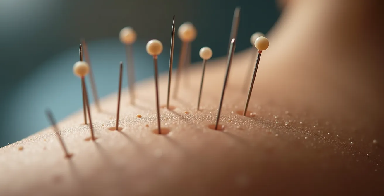 Sesión de acupuntura mostrando agujas en puntos específicos de la espalda