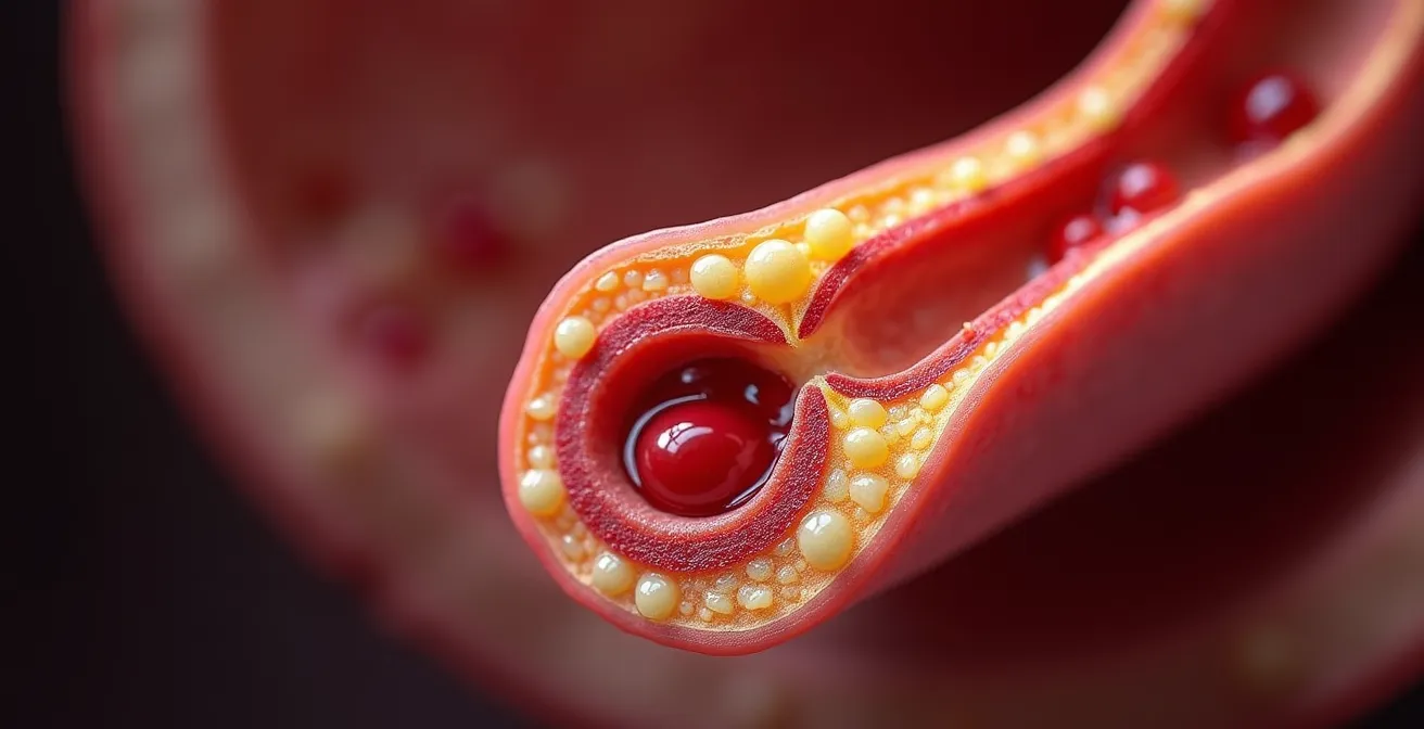 Corte transversal de una arteria mostrando acumulación progresiva de placa de colesterol