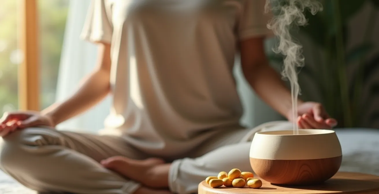 Escena minimalista mostrando sinergia entre suplementos y aceites esenciales