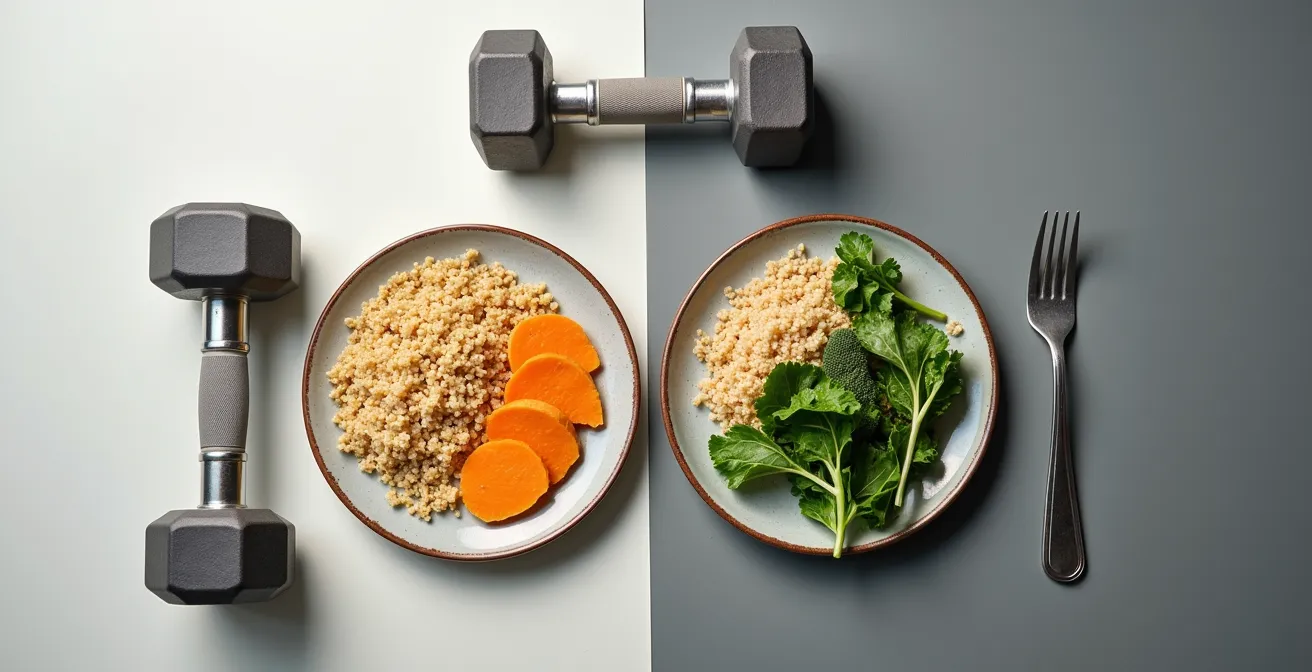 Comparación visual de platos con diferentes cantidades de carbohidratos complejos