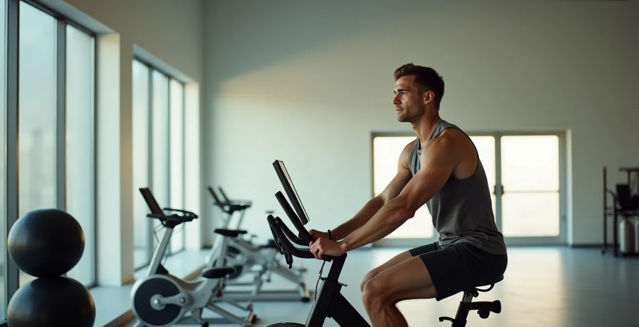 Atleta musculoso entrenando en bicicleta estática en zona 2