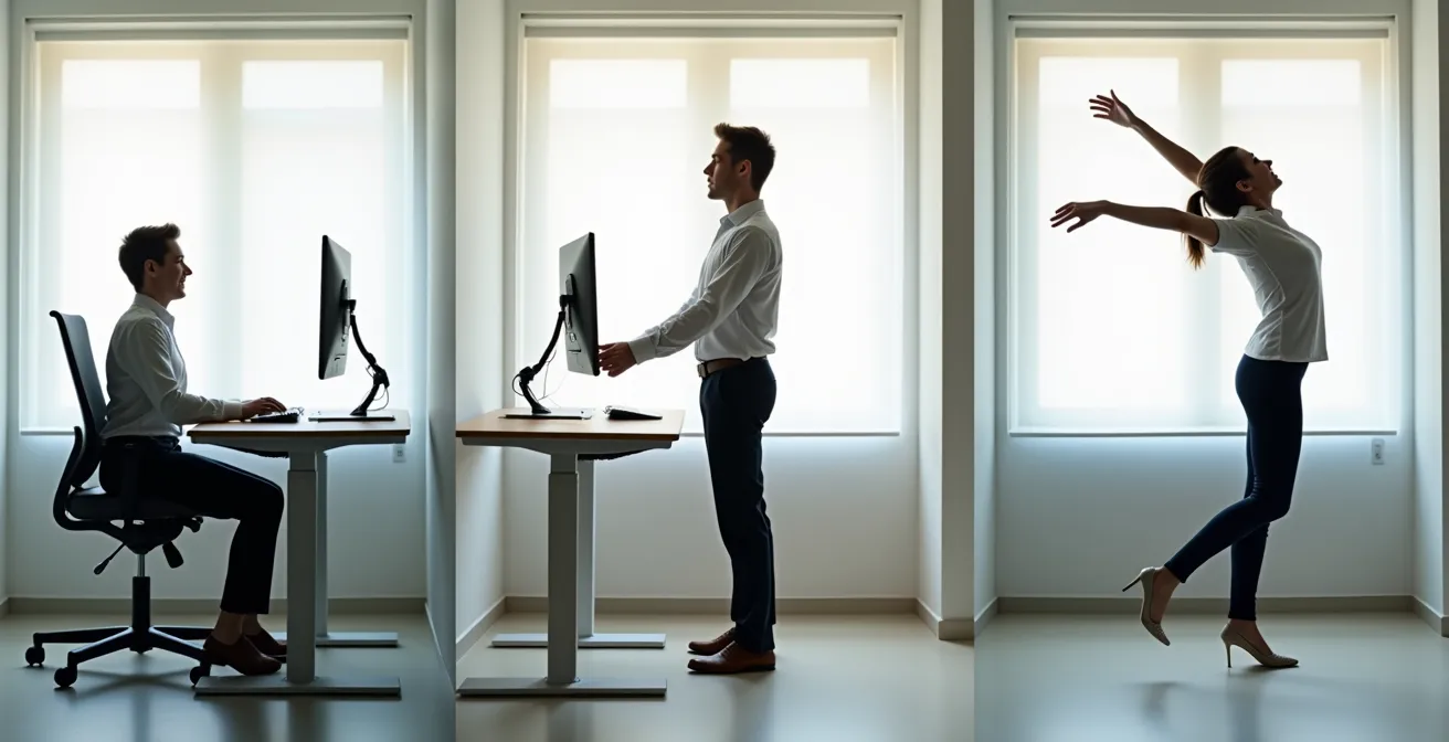 Secuencia temporal mostrando alternancia entre posiciones sentado, de pie y en movimiento