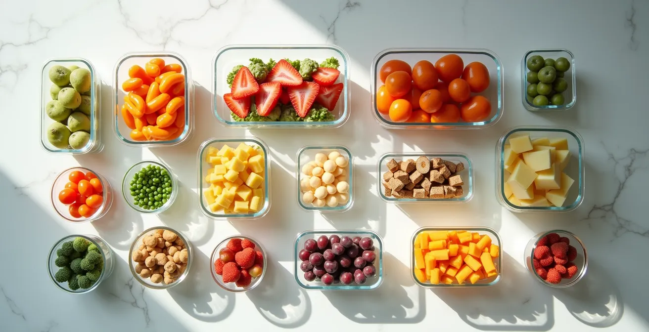 Vista cenital de cocina con múltiples contenedores de vidrio con comida preparada