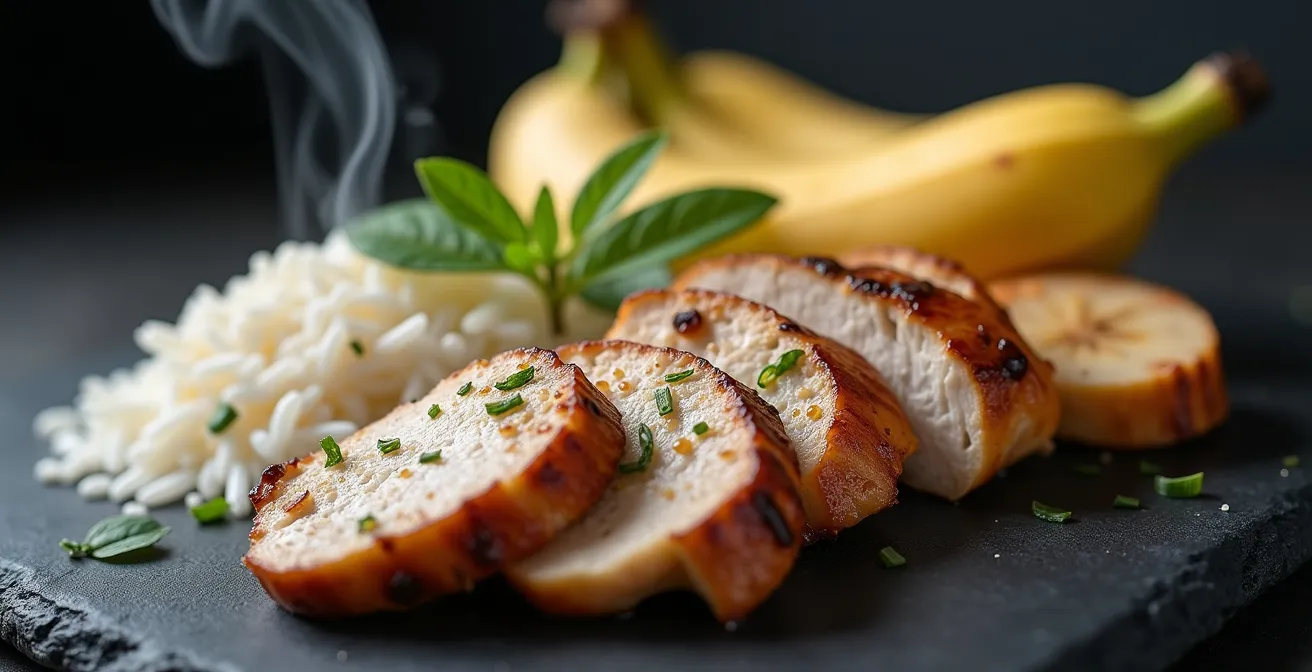 Composición de alimentos post-entrenamiento con proteínas y carbohidratos naturales