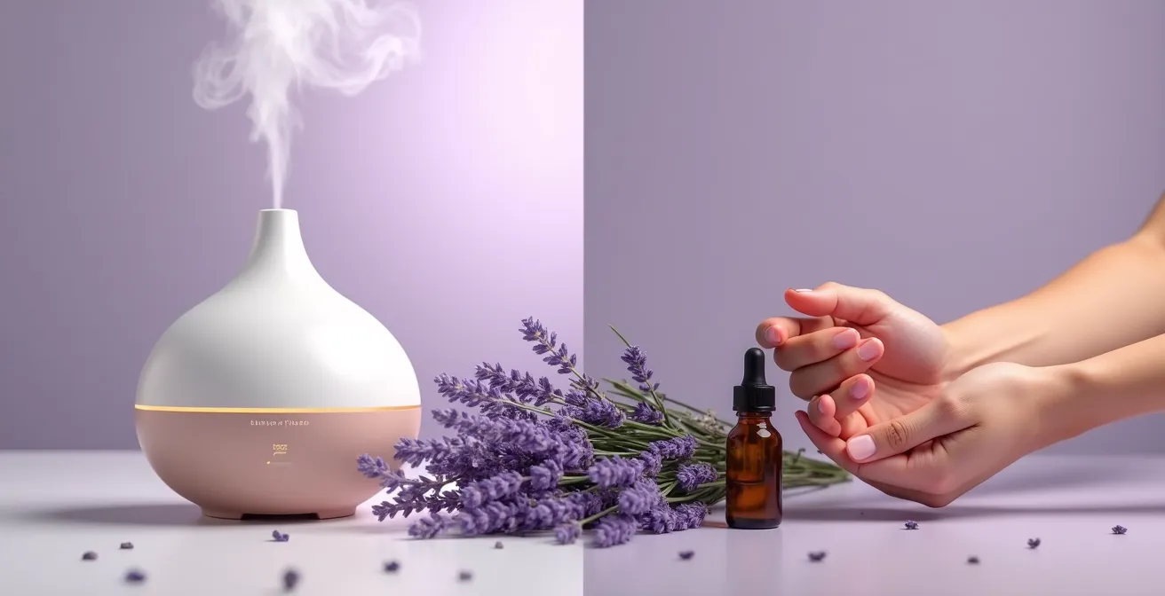 Comparación visual entre difusor aromático y masaje con aceite de lavanda