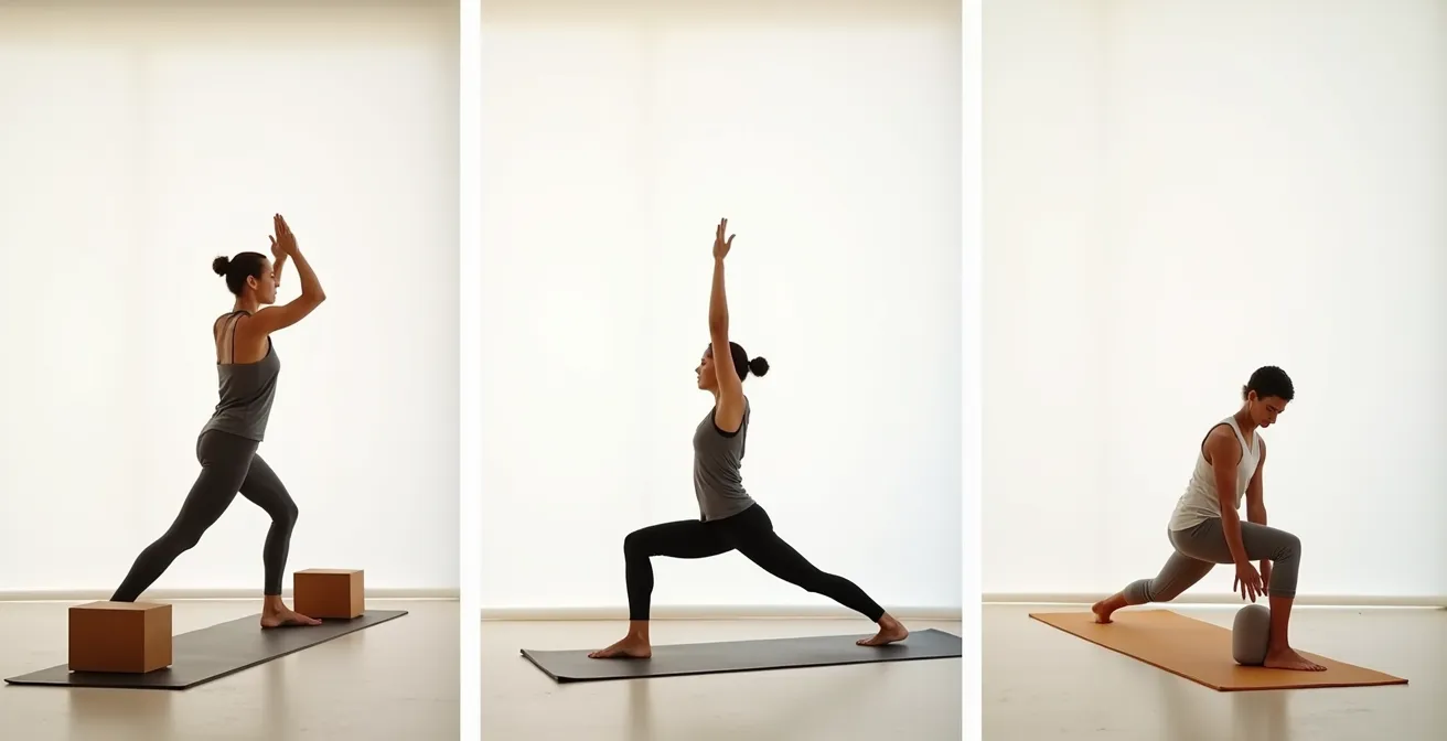 Tres personas practicando diferentes estilos de yoga simultáneamente: Hatha, Vinyasa y Yin.