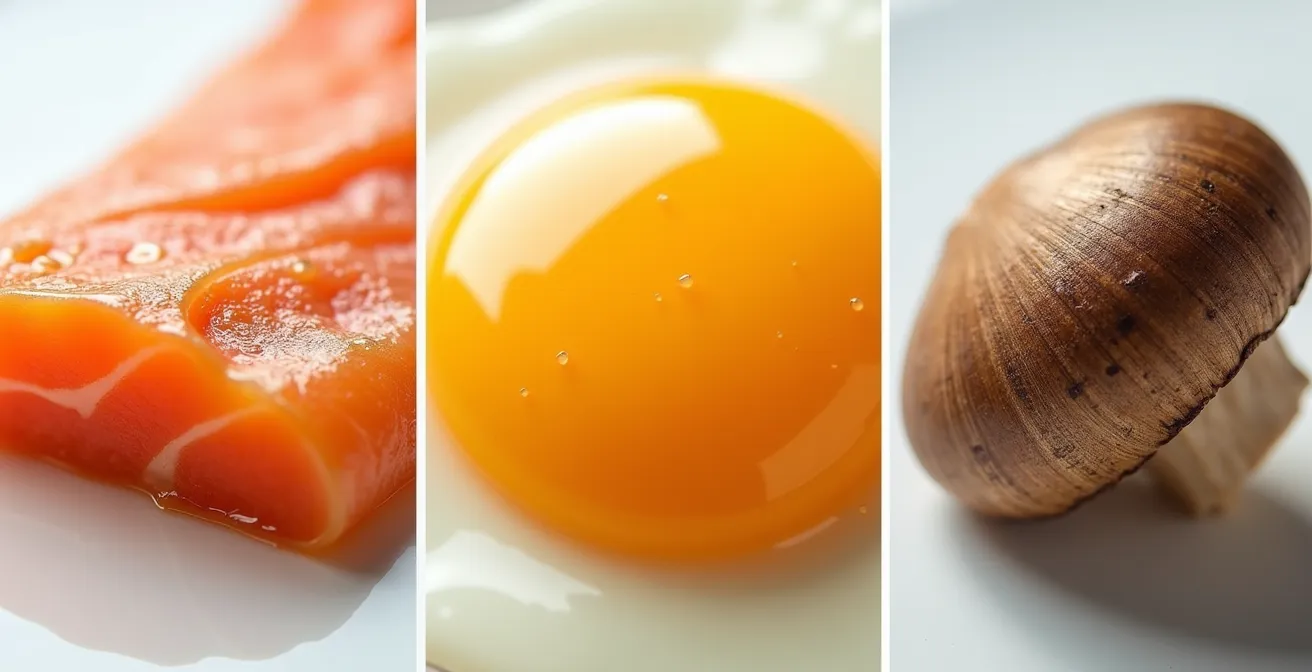 Composición macro de texturas de salmón, yema de huevo y champiñones expuestos al sol