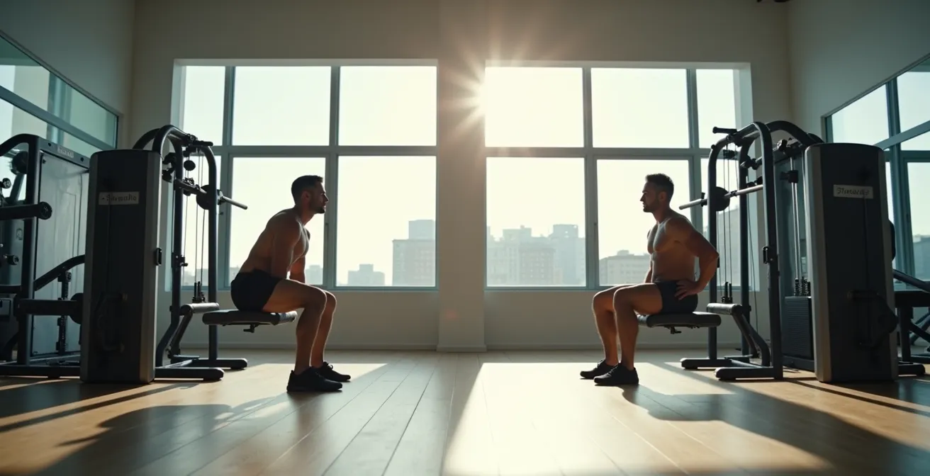 Vista lateral comparativa de ejercicio de sentadilla y prensa en gimnasio