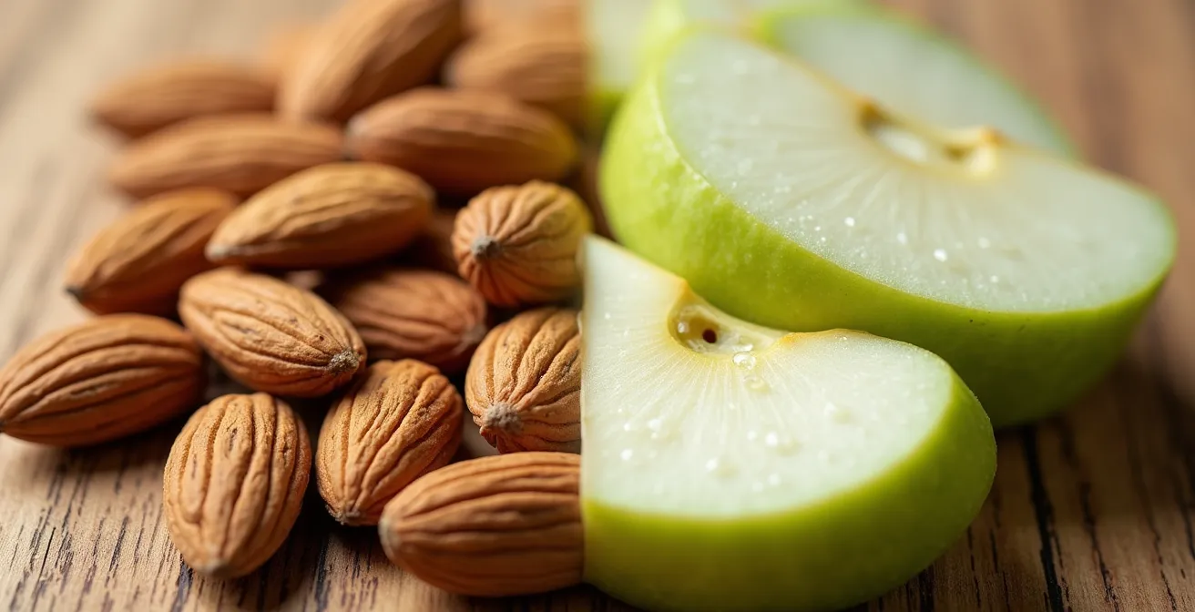 Composición dividida mostrando almendras crudas a la izquierda y rodajas de manzana verde a la derecha sobre superficie de madera