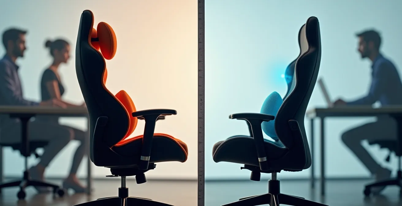 Comparación lado a lado de silla gaming y ergonómica mostrando diferencias de soporte lumbar
