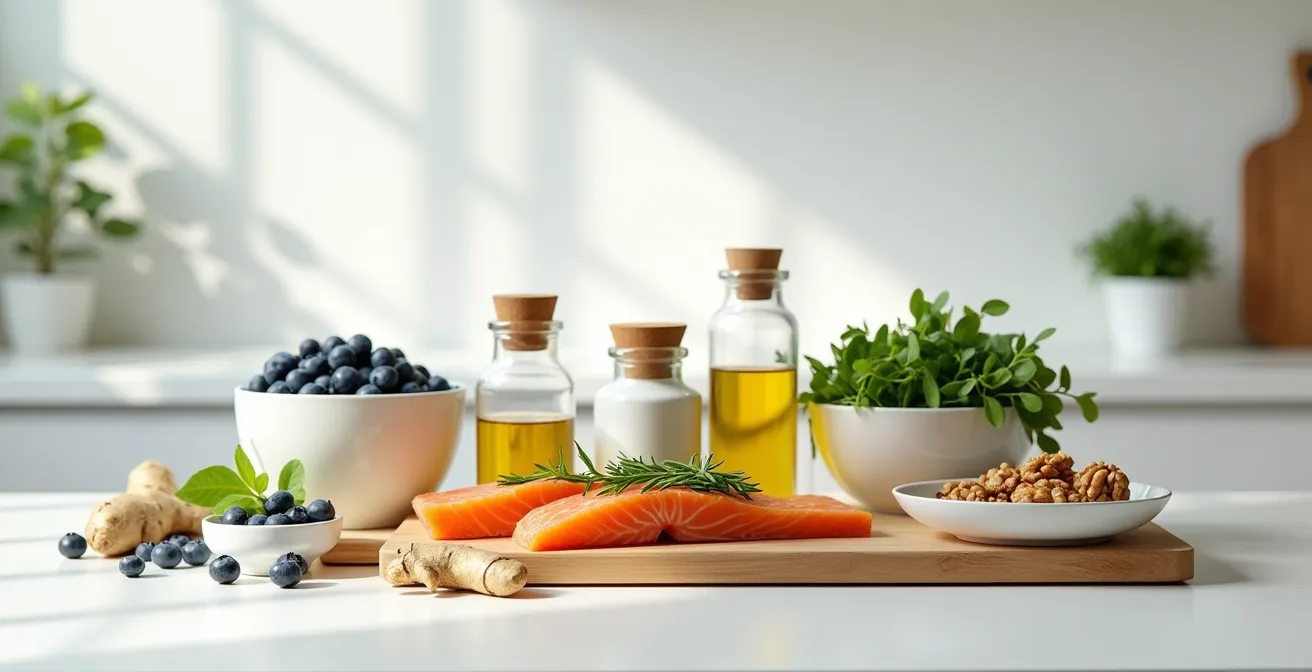 Mesa con alimentos antiinflamatorios frescos y coloridos organizados junto a medicamentos