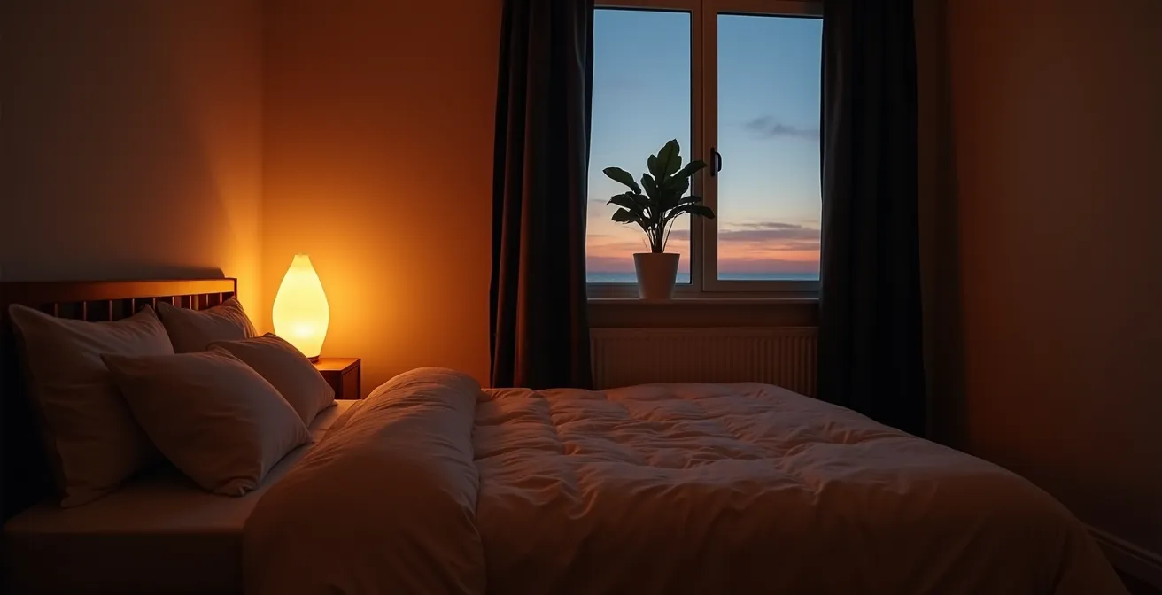 Dormitorio en penumbra con iluminación cálida indirecta para dormir