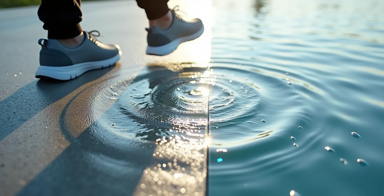 Comparación visual entre el impacto de caminar sobre el suelo y la flotabilidad de nadar en el agua para la salud ósea.