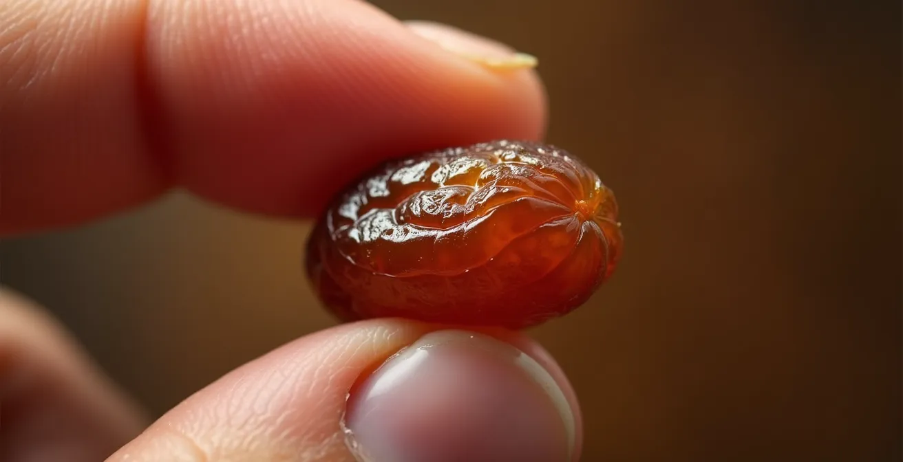 Detalle macro de una pasa con texturas visibles representando la práctica de alimentación consciente