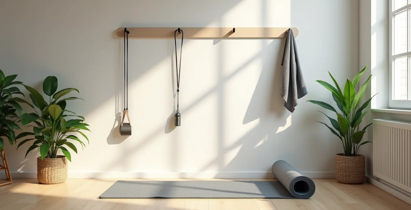 Espacio de ejercicio en casa organizado con elementos motivacionales visibles