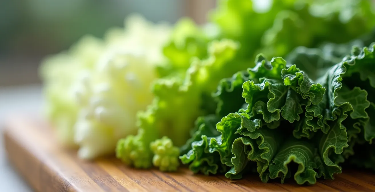 Comparación visual de vegetales desde lechuga hasta kale mostrando densidad nutricional