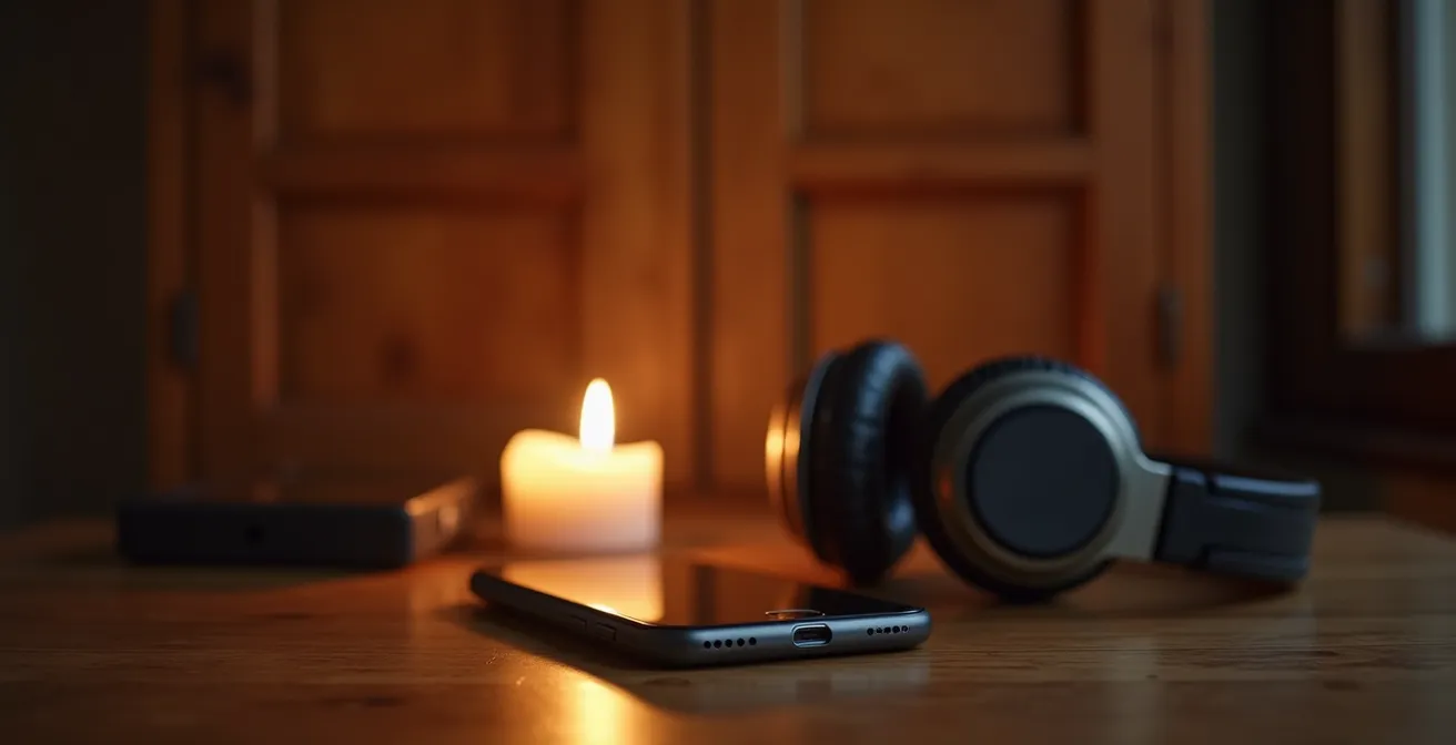 Espacio personal de calma con elementos simbólicos de desconexión digital