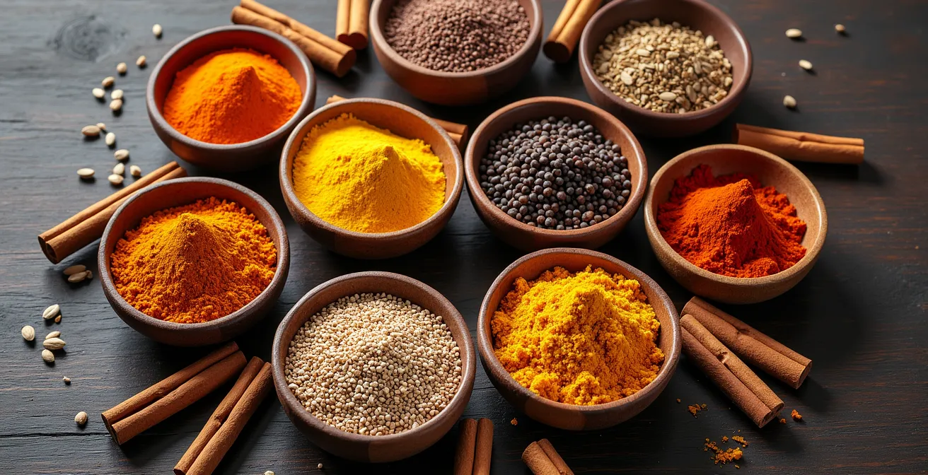 Composición artística de especias y semillas mostrando combinaciones sinérgicas