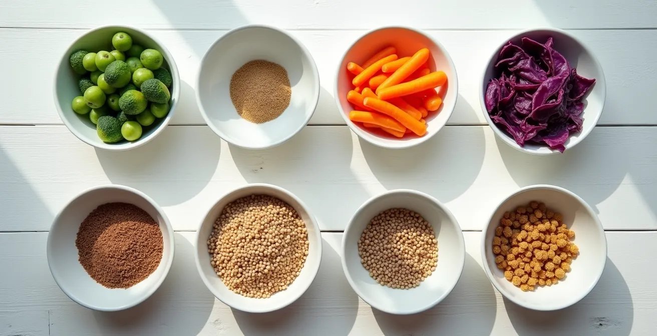 Mesa con alimentos variados mostrando diferentes texturas y colores en boles de cerámica