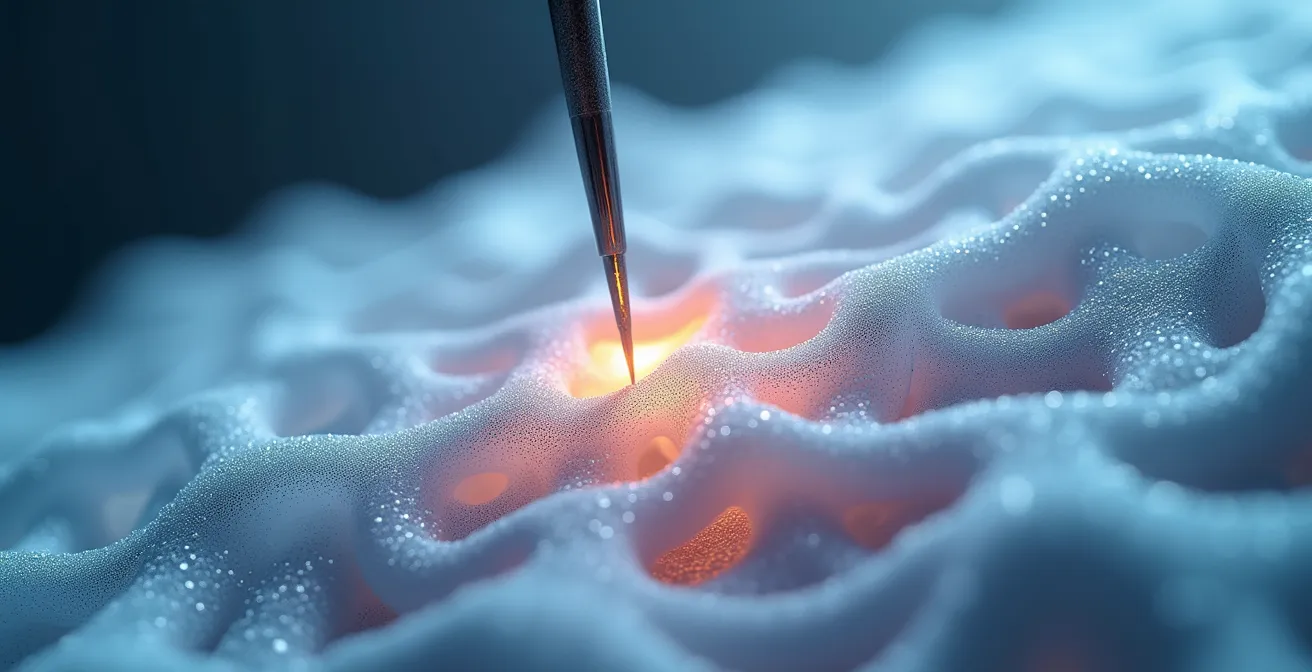 Vista microscópica de la fascia y cómo las agujas de acupuntura interactúan con el tejido conectivo