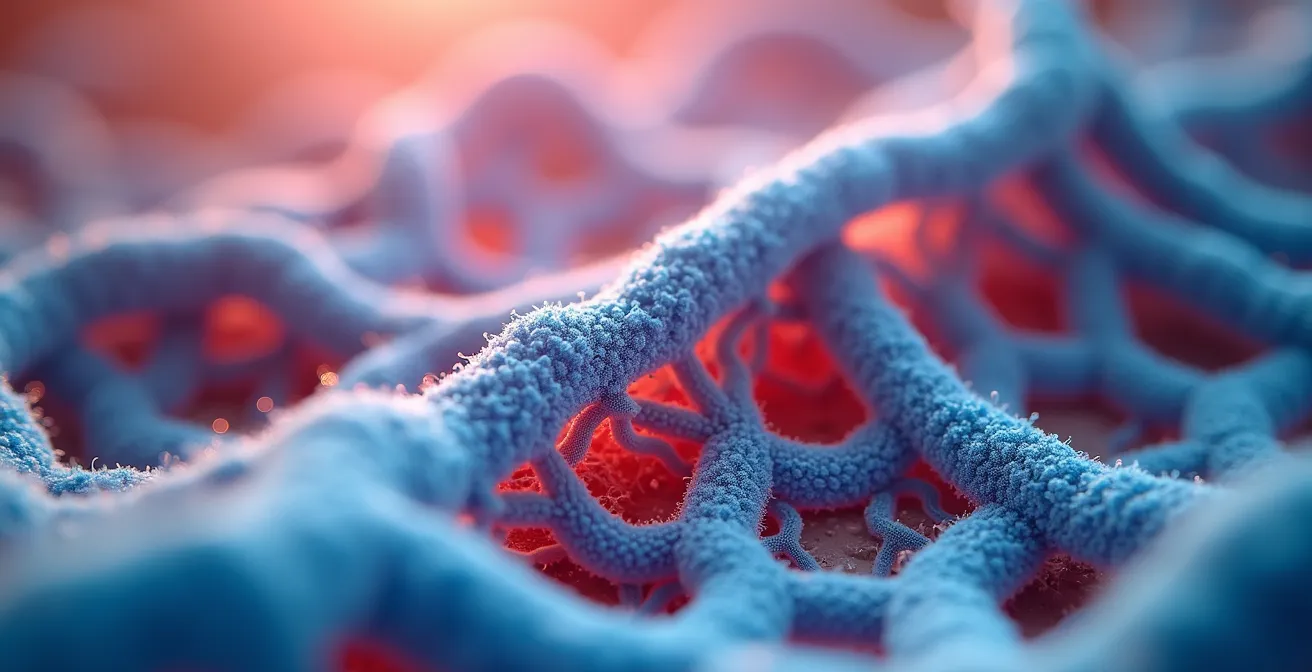 Vista macro de tejido fascial con áreas de tensión y relajación visibles en diferentes colores