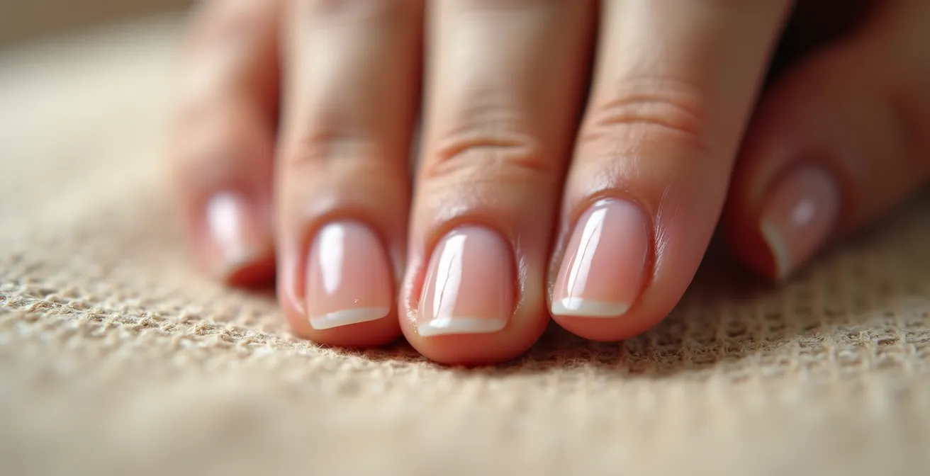 Detalle macro de uñas pálidas y quebradizas mostrando señales de anemia