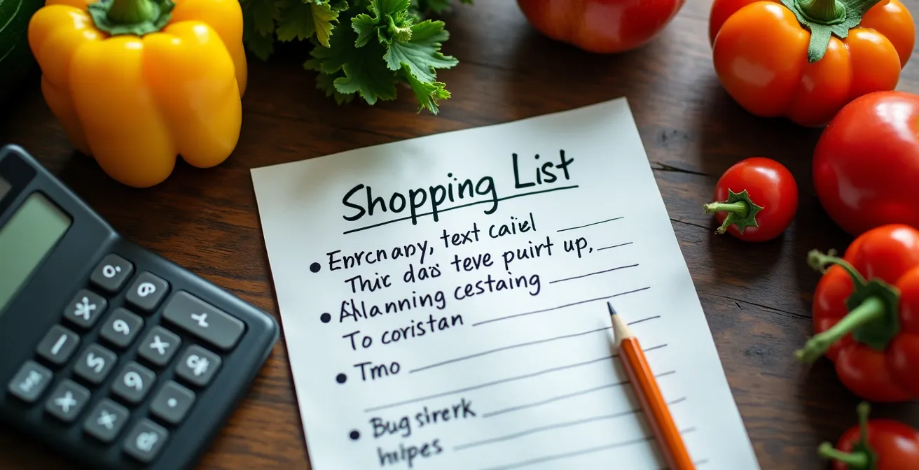 Vista aérea de una lista de compras organizada junto a verduras frescas