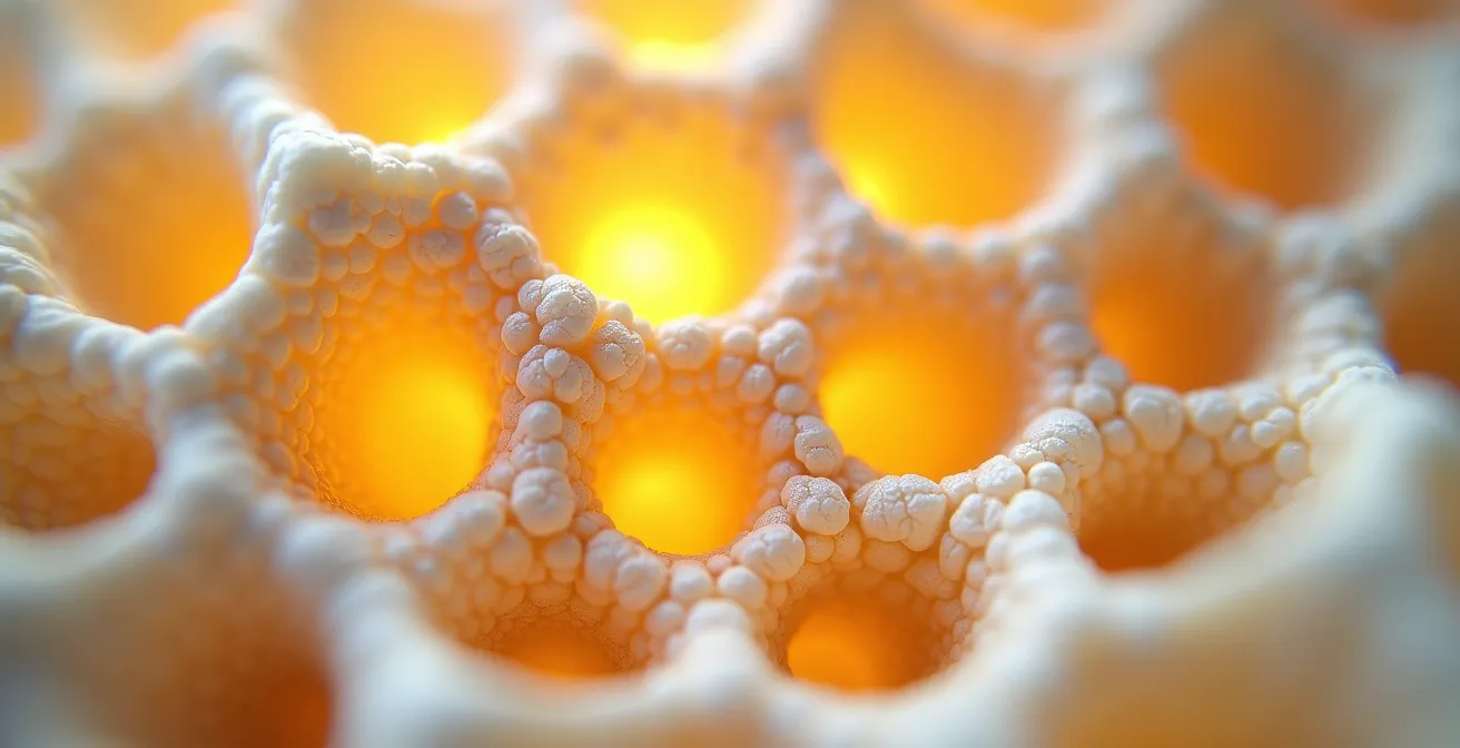 Vista macro de tejido óseo mostrando la estructura trabecular y su respuesta al estímulo mecánico