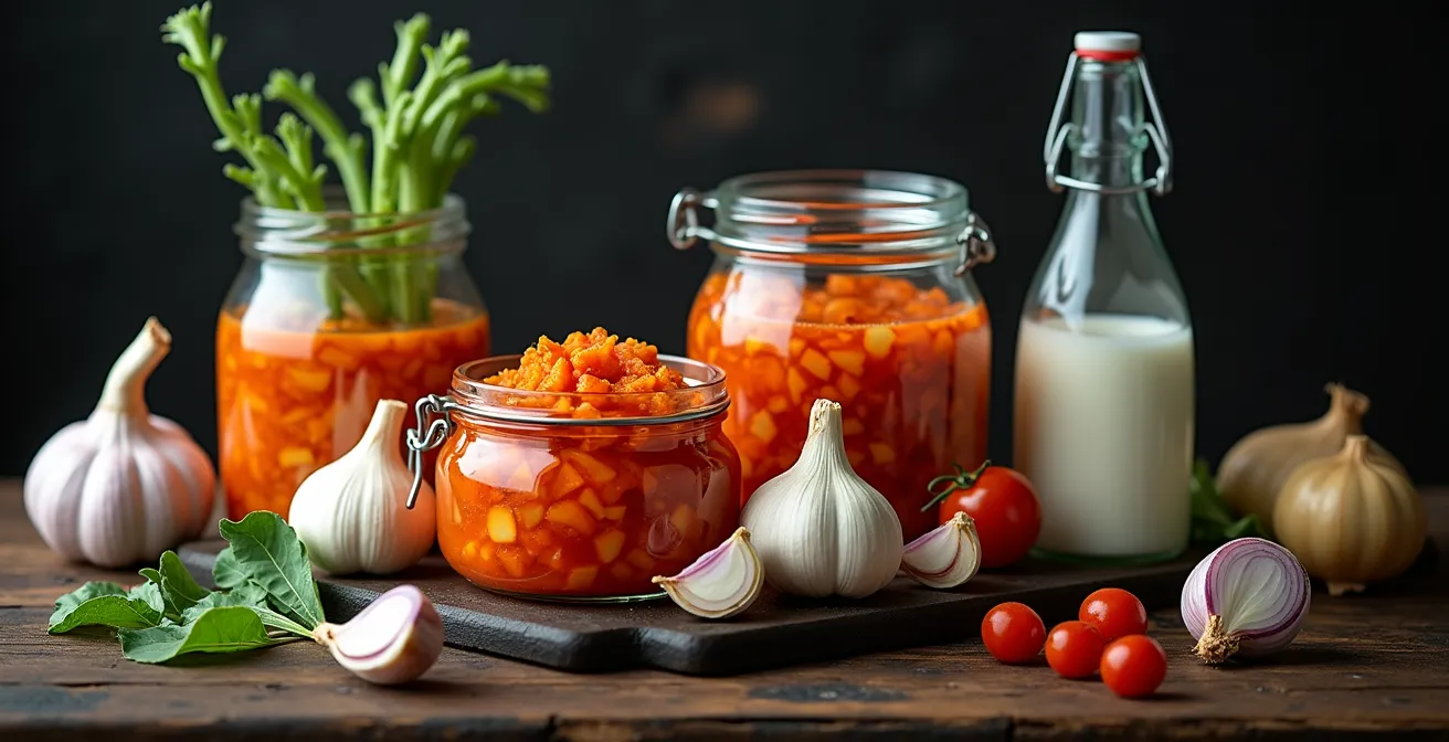 Representación artística del intestino con bacterias beneficiosas y fibras prebióticas