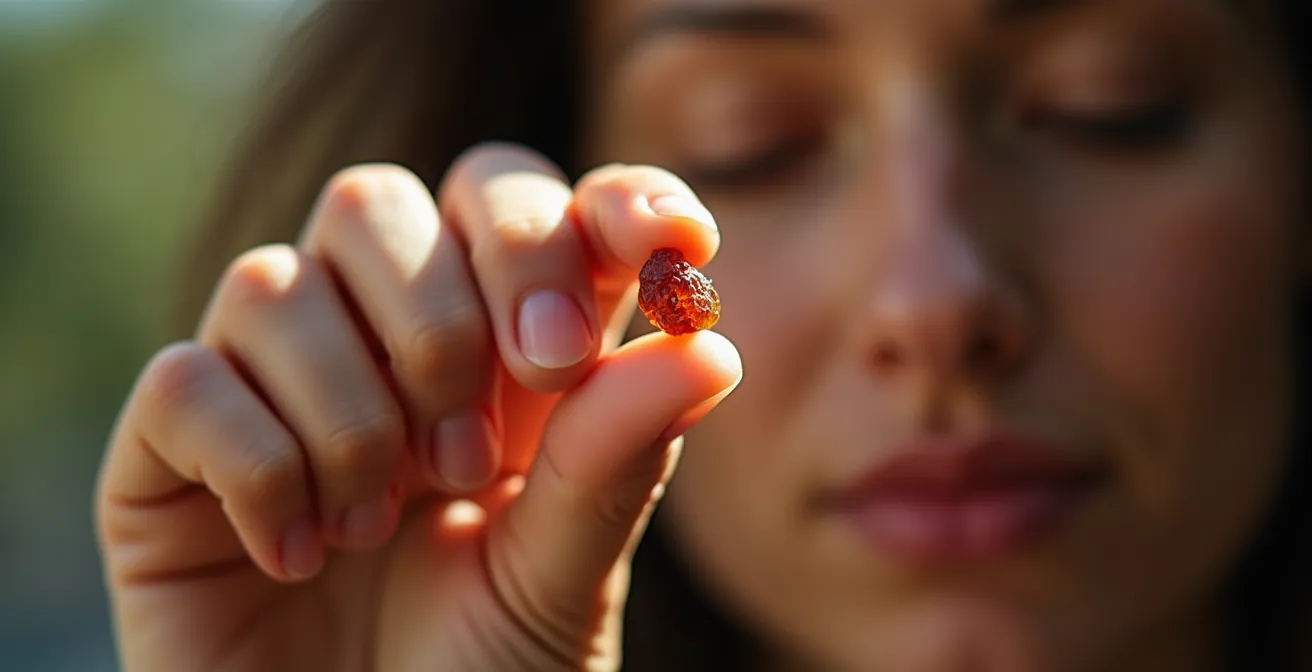 Mano sosteniendo una pasa con luz suave mostrando su textura en detalle