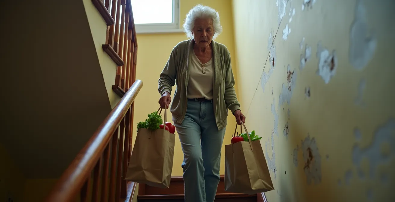 Mujer mayor subiendo escaleras con bolsas de mercado en edificio antiguo