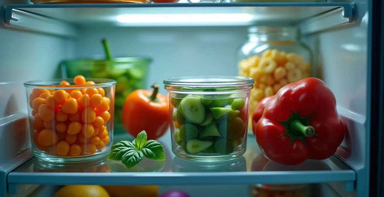 Interior de nevera con alimentos organizados por zonas de accesibilidad