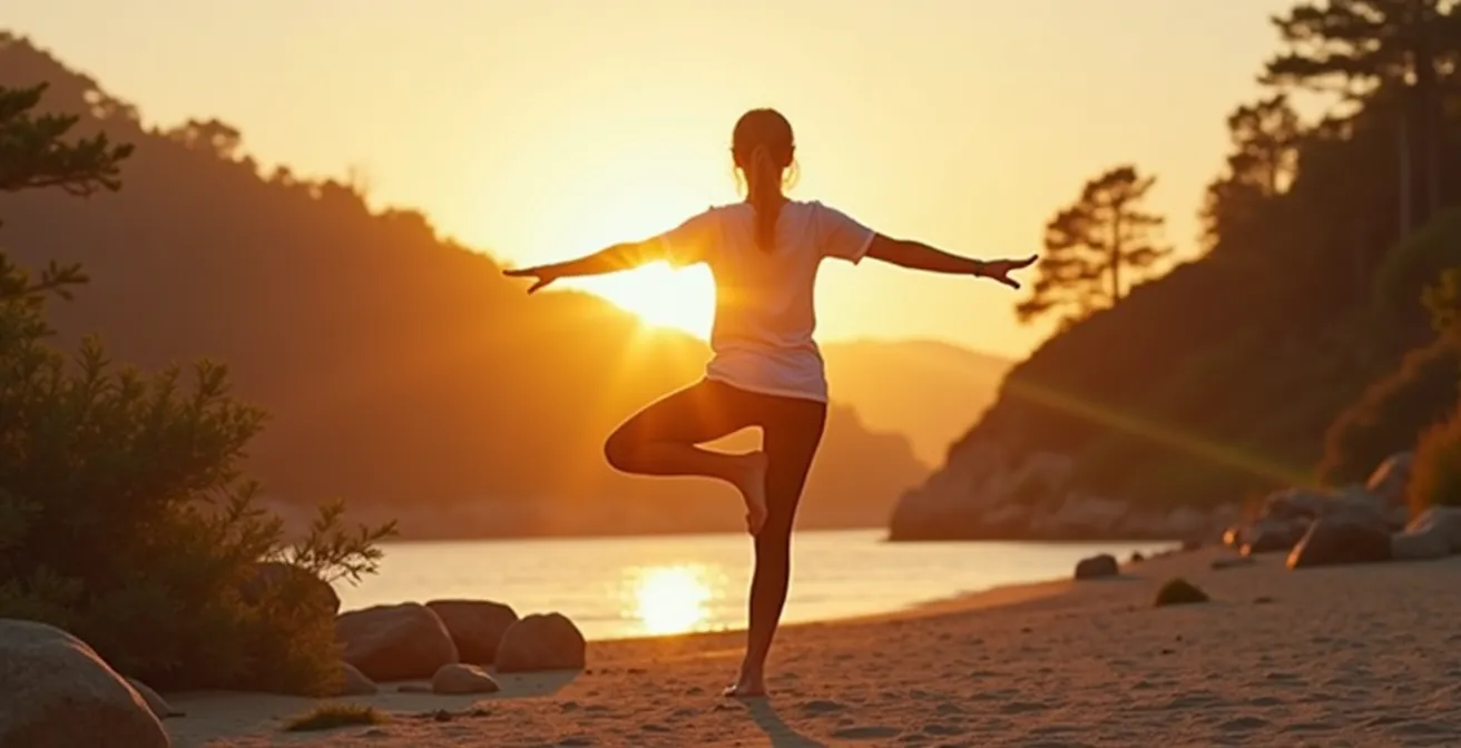 Mujer en la perimenopausia realizando ejercicio de equilibrio en un entorno natural