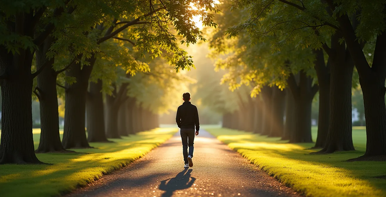 Persona caminando en un parque con luz natural, representando la técnica de los 10 minutos para manejar antojos
