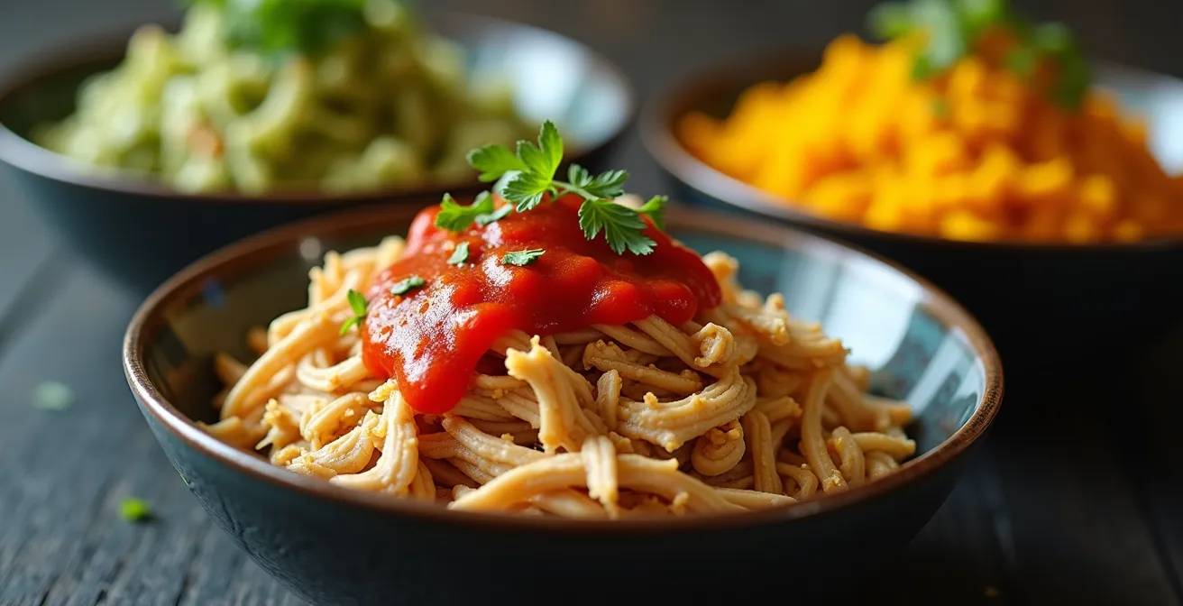 Tres platos de pollo con diferentes salsas y guarniciones coloridas