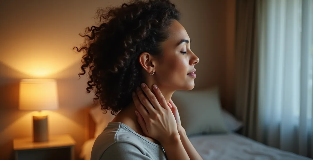 Perfil lateral de persona mostrando la cascada postural desde el trabajo con portátil hasta la tensión nocturna