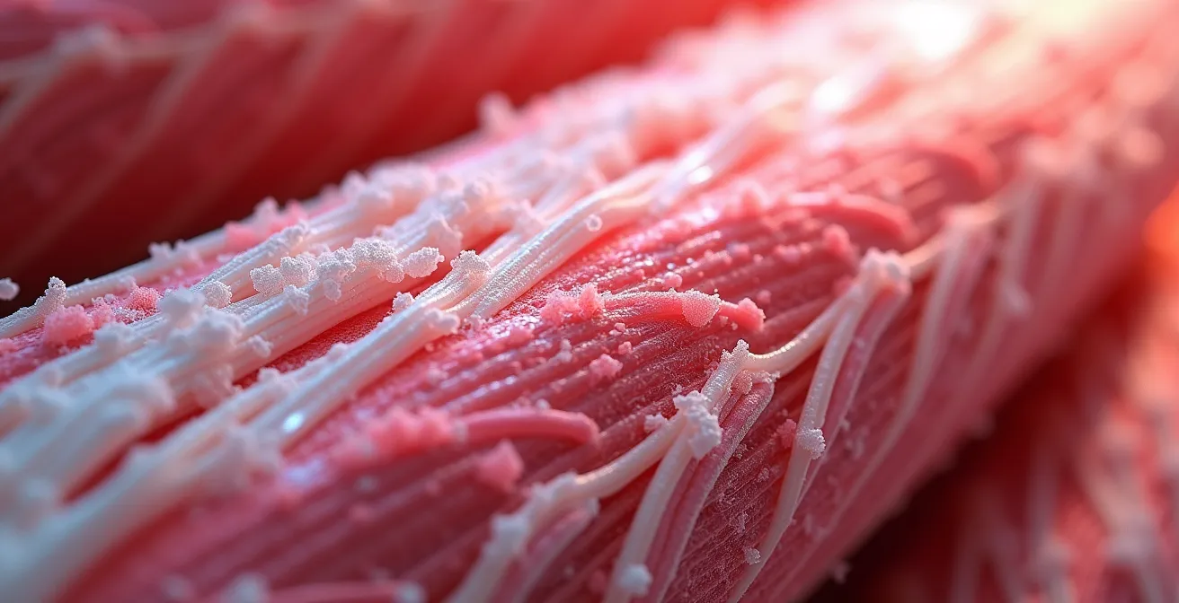 Visualización microscópica de fibras musculares tipo I y tipo II activándose progresivamente