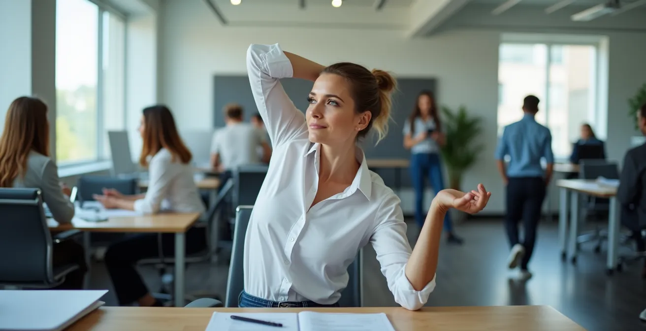 Profesional realizando estiramientos sutiles sentado en escritorio de oficina