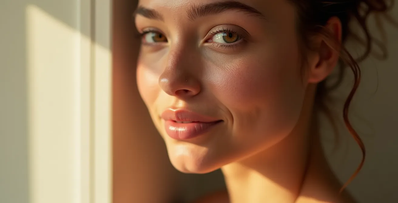 Rostro humano con expresión serena mostrando piel saludable bajo iluminación suave natural