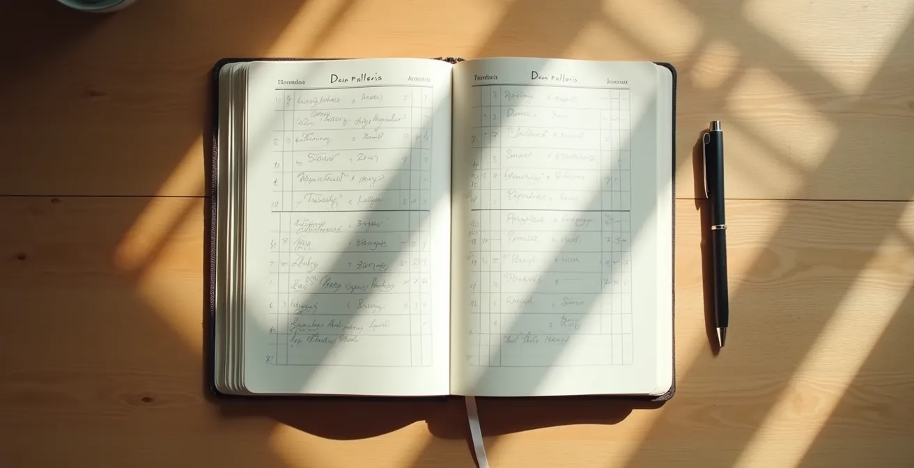 Vista cenital de un diario de salud abierto con notas manuscritas sobre patrones de dolor