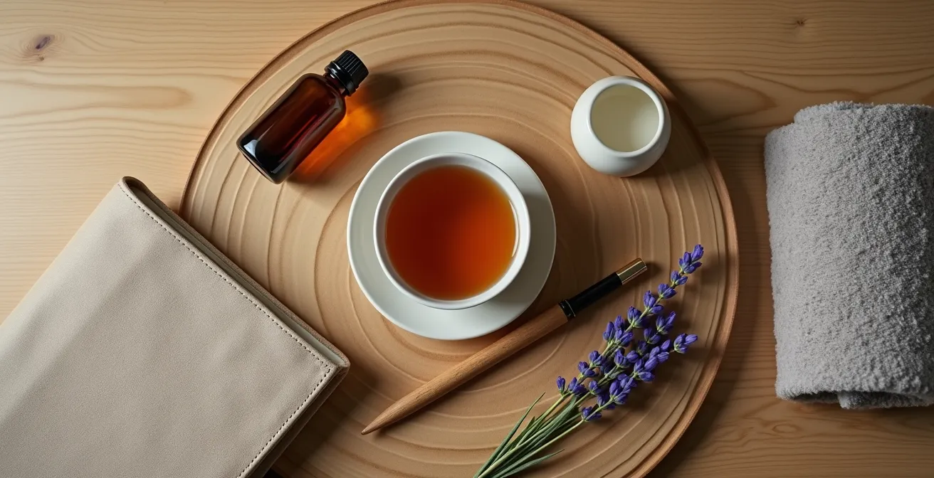 Vista cenital minimalista de elementos de ritual nocturno dispuestos en círculo sobre mesa de noche