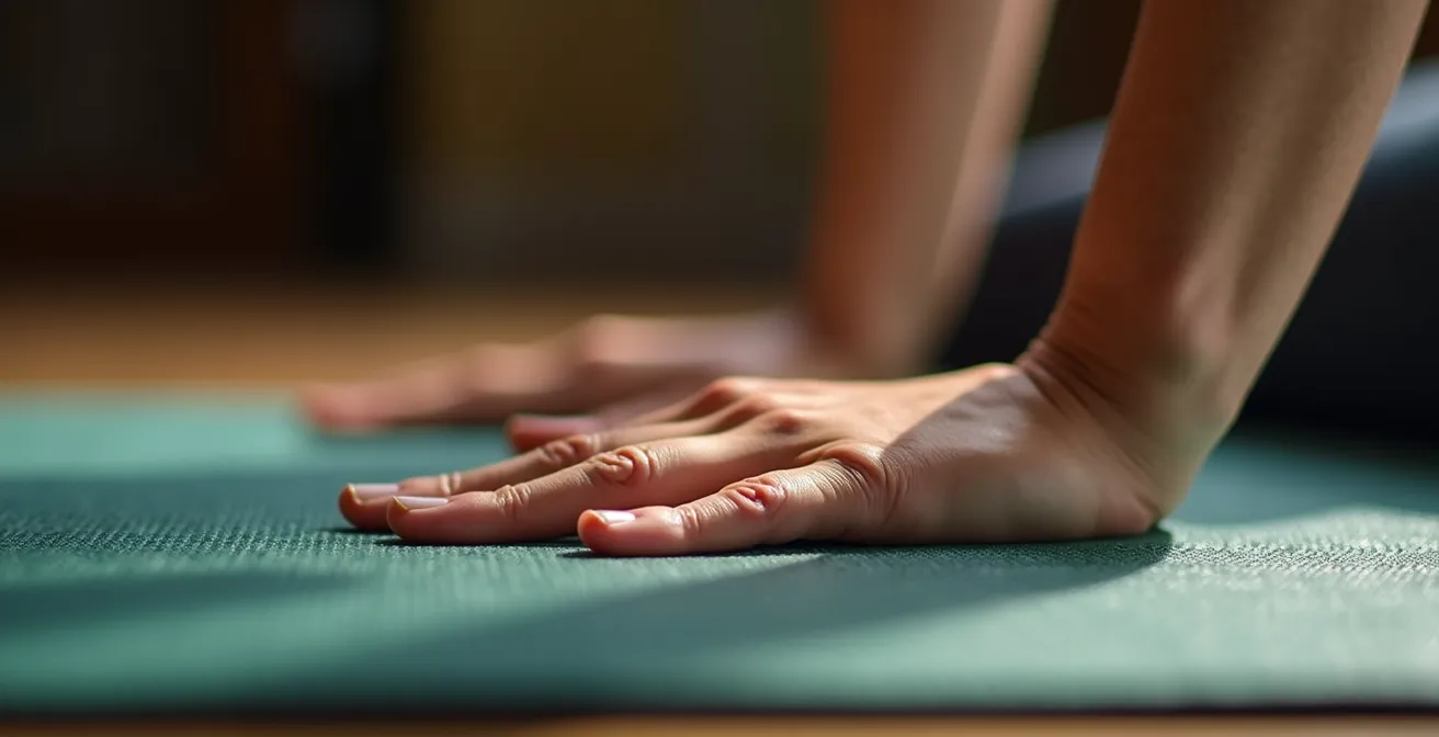 Primer plano de unas manos presionando con esfuerzo una esterilla de yoga, simbolizando la práctica diaria.