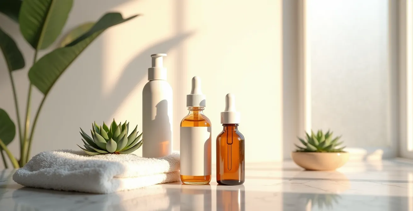 Mesa minimalista con productos de cuidado facial dispuestos elegantemente para rutina matutina