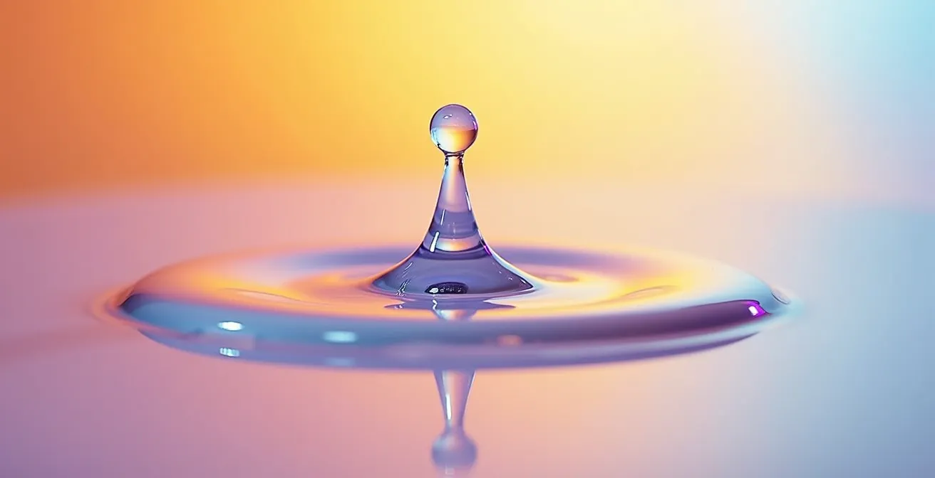 Vista macro de gotas de sérum transparente fusionándose sobre superficie de vidrio