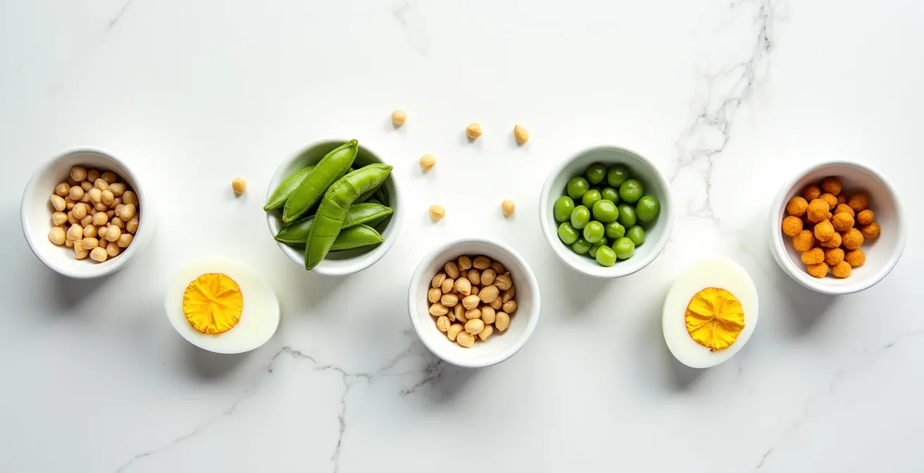 Vista cenital de pequeños bowls con huevos duros cortados, edamame, garbanzos tostados y semillas sobre mesa blanca minimalista