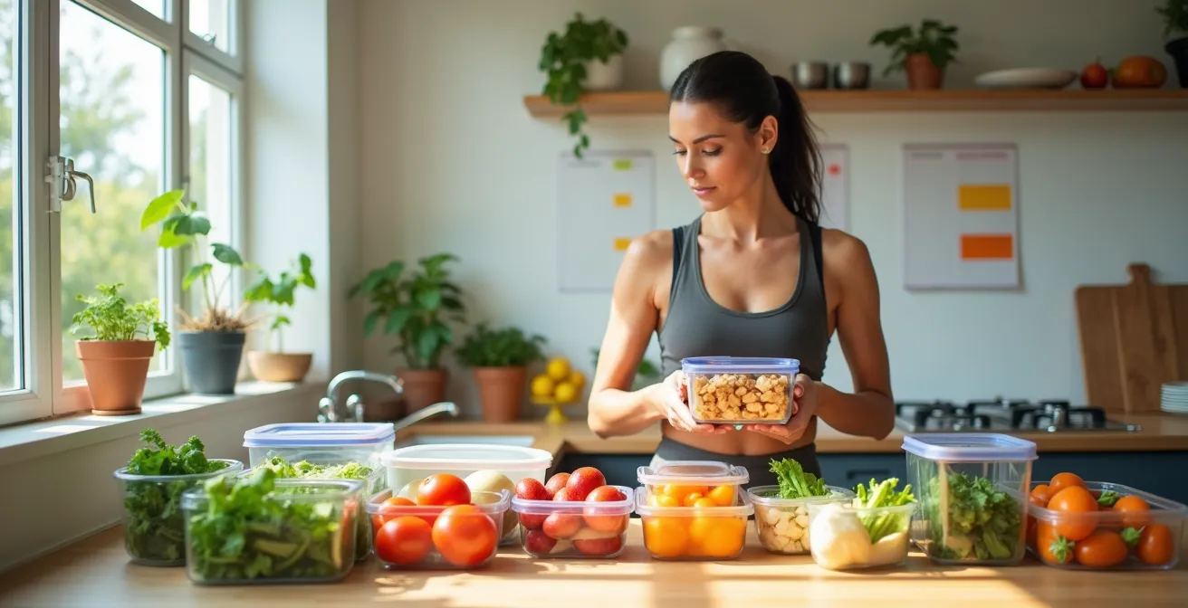 Mujer activa preparando comida saludable en cocina luminosa con calendario de hábitos