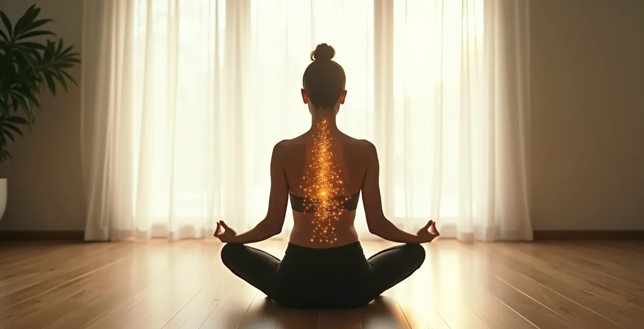 Persona en posición de meditación rodeada de un aura de luz suave y ondas de energía curativa